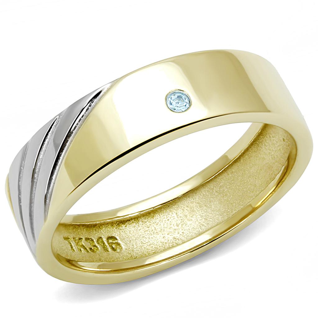 JCE3267-11 Two-Tone IP Gold (Ion Plating) Stainless Steel Ring with Top Grade Crystal  in Sea Blue-11