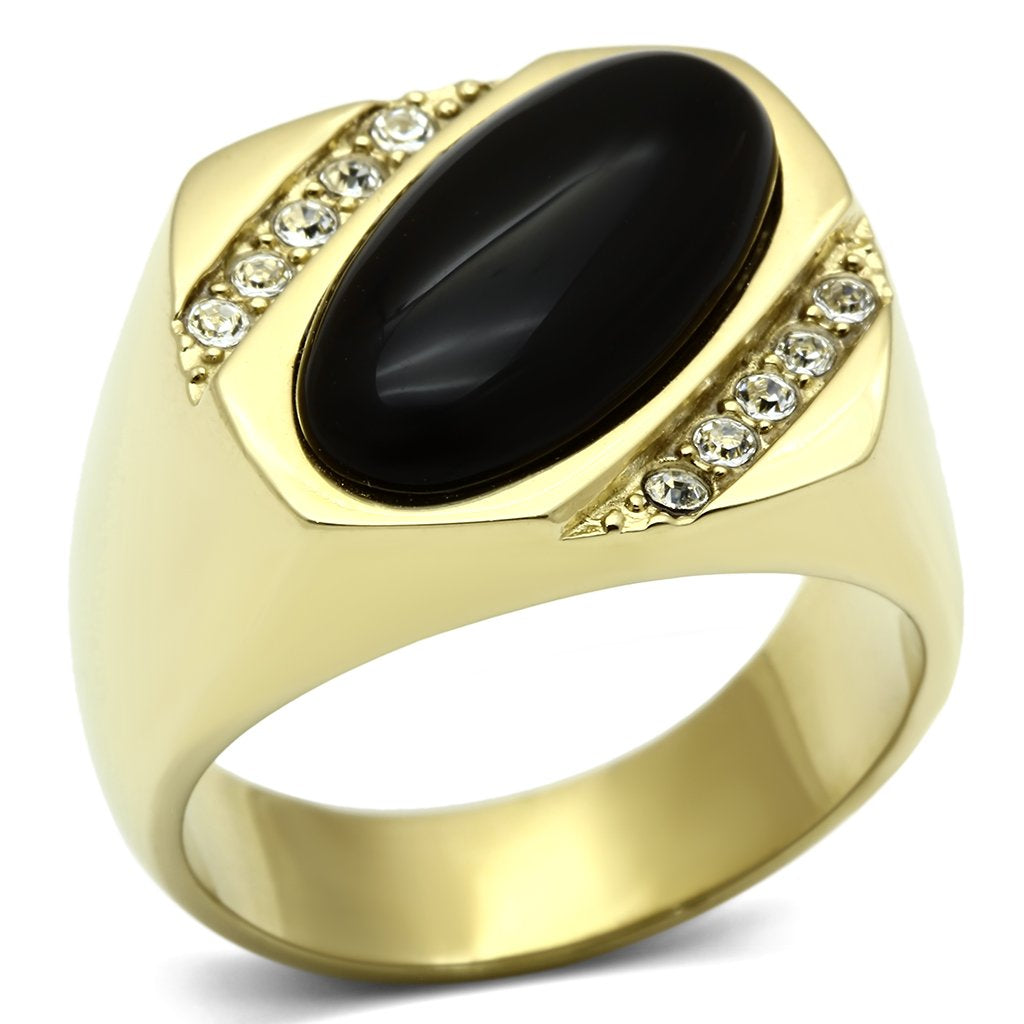 JCE716-11 IP Gold(Ion Plating) Stainless Steel Ring with Semi-Precious Onyx in Jet-11