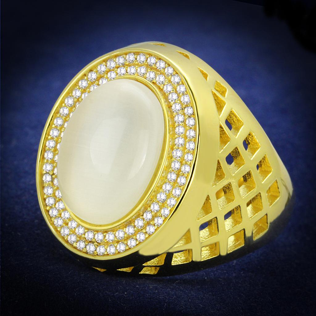 JCE244-11 Gold 925 Sterling Silver Ring with Synthetic Cat Eye in White-11