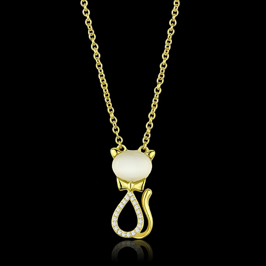 JCE409-16 Gold 925 Sterling Silver Chain Pendant with Synthetic Cat Eye in White-16"