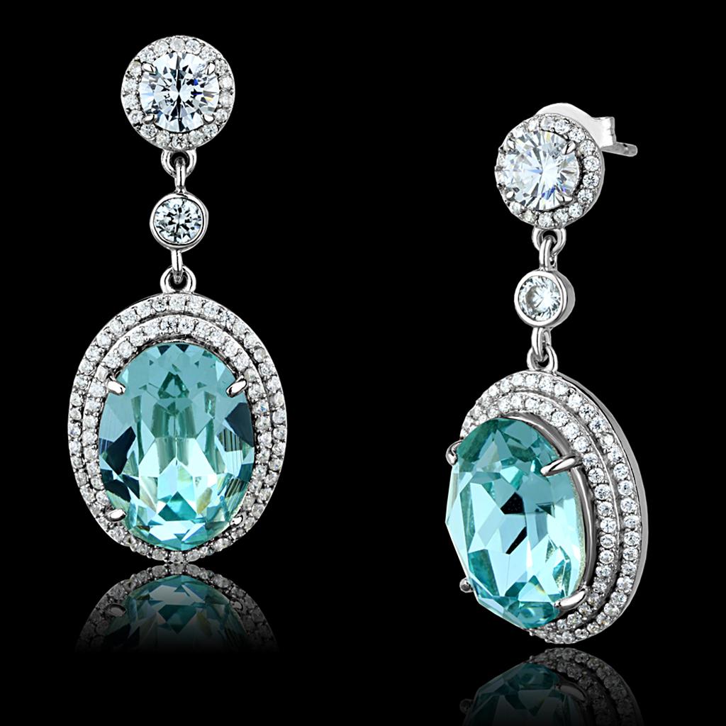 JCE508 Rhodium 925 Sterling Silver Earrings with Top Grade Crystal  in Sea Blue