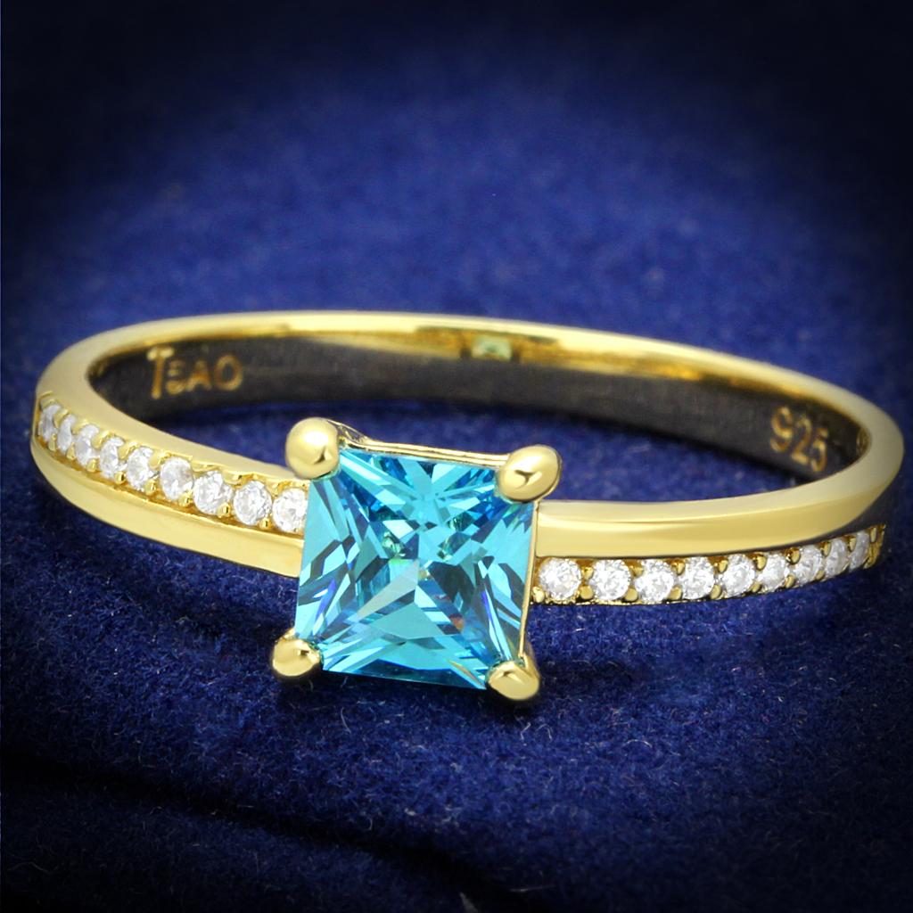 JCE559-6 Gold 925 Sterling Silver Ring with AAA Grade CZ  in Sea Blue-6