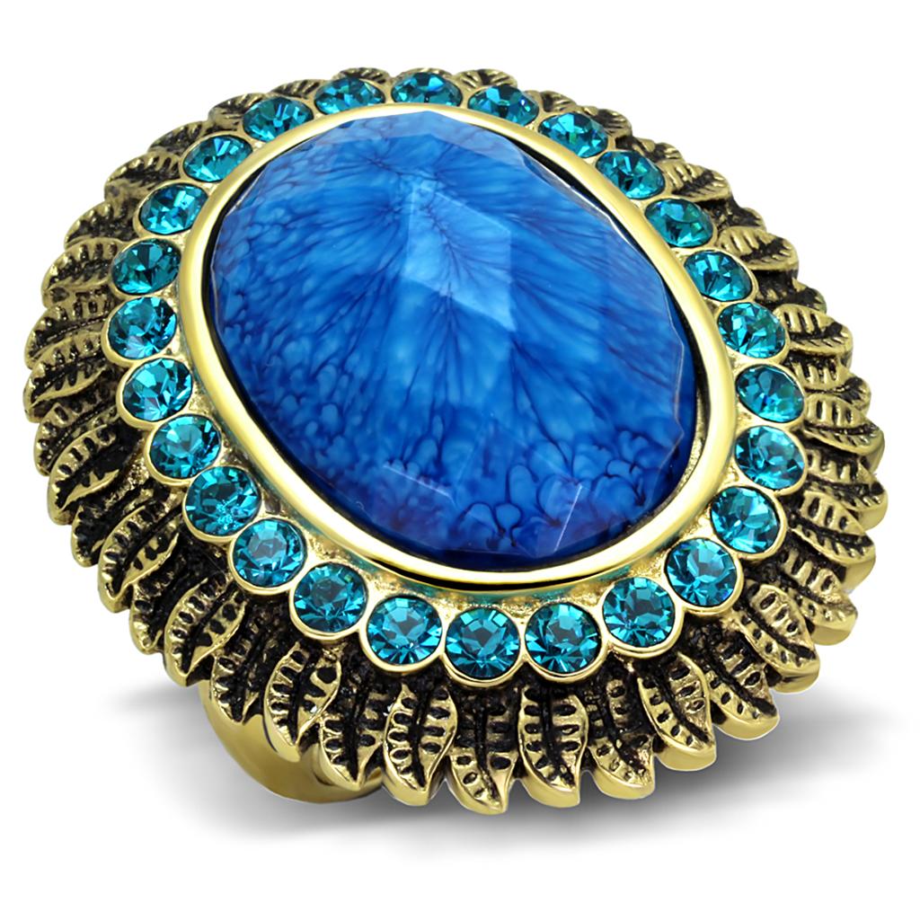 JCE121-7 IP Gold(Ion Plating) Stainless Steel Ring with Synthetic Synthetic Stone in Sea Blue-7
