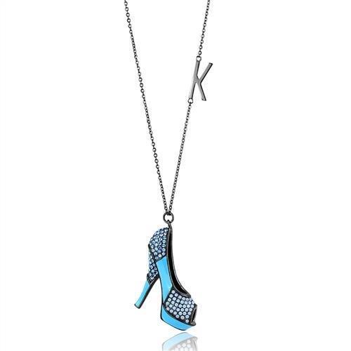 JCE2704-24 IP Light Black  (IP Gun) Stainless Steel Chain Pendant with Top Grade Crystal  in Aquamarine-24"